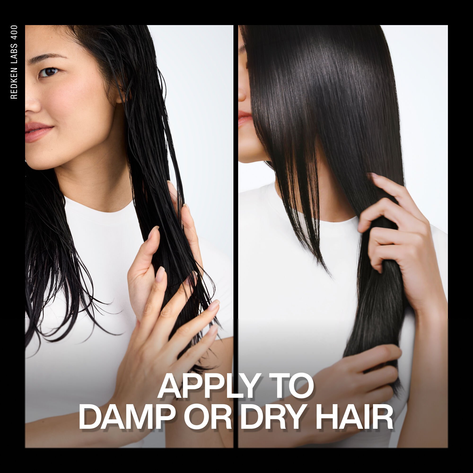 A split image demonstrates how to use Naked Gloss Lightweight Shine Oil. On the left, a woman applies the product to her wet, damp hair. On the right, the same hair is shown dry and styled, highlighting the product's effectiveness on both wet or dry hair. 