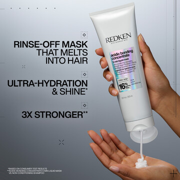 Redken Acidic Bonding Concentrate 5-min liquid mask is a rinse-off mask that melts into hair, provides ultra-hydration and shine and leaves hair 3x stronger.