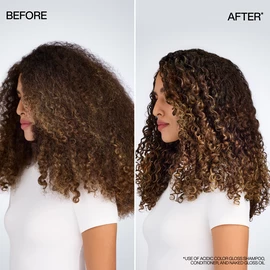 Before & after shot of curly hair. Dry, frizzy hair transforms into defined, glossy curls after using Redken Acidic Color Gloss shampoo, conditioner, and Naked Gloss Lightweight Shine Hair Oil.