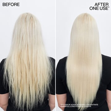 Before and after use of Acidic Bonding Concentrate. Hair is left smoother and healthier-looking after use.