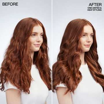 One United Leave-In Conditioner before & after. A woman with long, auburn hair. The hair on the left is frizzy and unstyled. The hair on the right is styled in defined curls.