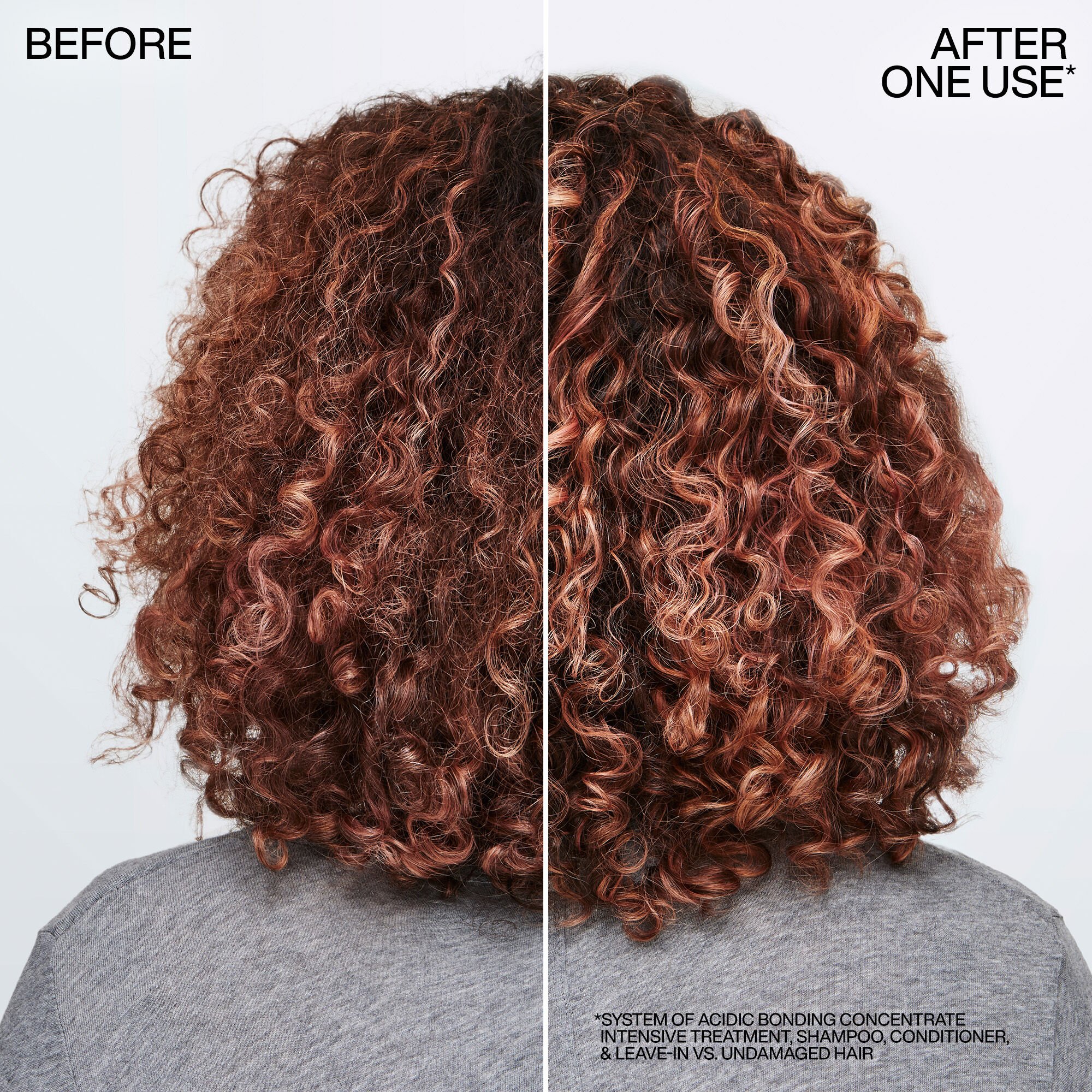Image of model before and after use of Redken Acidic Bonding Concentrate Shampoo and Conditioner. Hair is left stronger, repaired and healthy-looking.