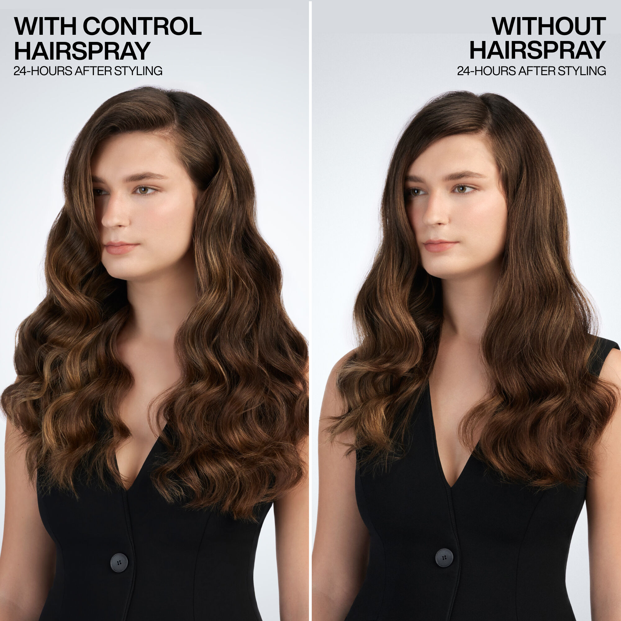 A before-and-after split image compares a woman's hair. On the left, her hair is styled and held in place with Redken Control hairspray, appearing smooth and defined. On the right, the same hairstyle is shown without hairspray with less defined texture.