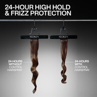 Two strands of hair hang side by side. The left strand has not used hairspray, while the right strand used Redken Control Hairspray. The result shows the difference in hold and frizz protection, with the text "24-Hour High Hold & Frizz Protection" 