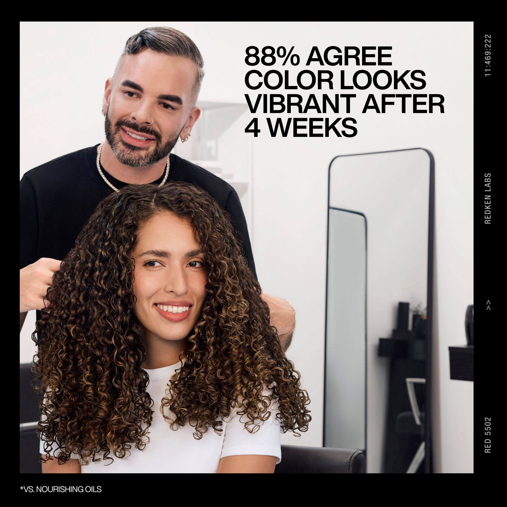 A Redken stylist applies Naked Gloss Lightweight Shine Oil to a woman's curly, dark brown hair. An overlay reads, "88% agree: color looks vibrant after 4 weeks."