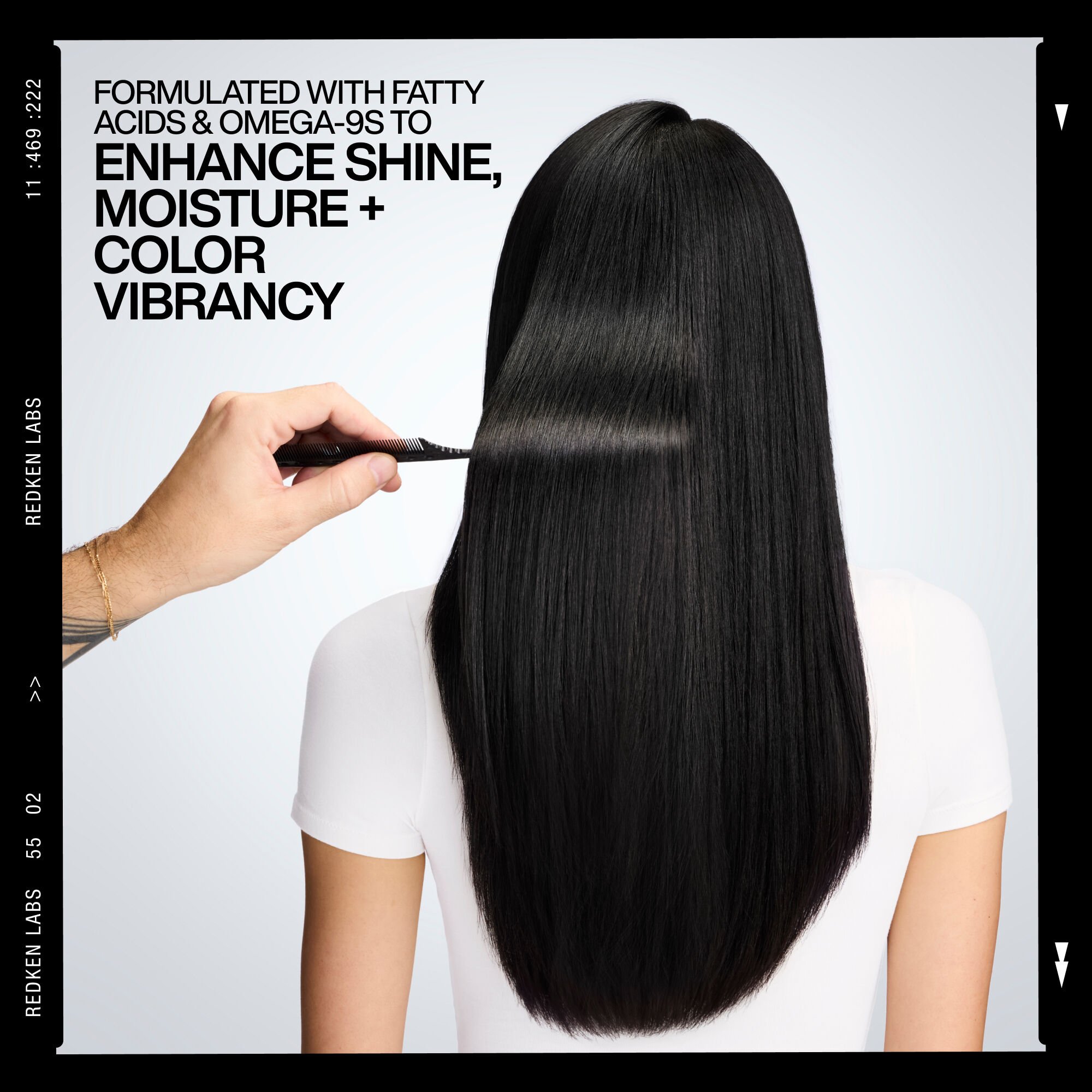 A person's long, straight, black hair is being combed with a black comb. The hair appears shiny and healthy. Naked Gloss Lightweight Shine Oil is labeled as "Formulated with fatty acids & omega-9s" to enhance shine, moisture, and color vibrancy.