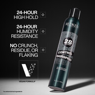 Dark teal Redken Control Hairspray can, "28 High Hold Control Hairspray," shown at an angle. Offers 24-hour high hold, humidity resistance, and is vegan-friendly.