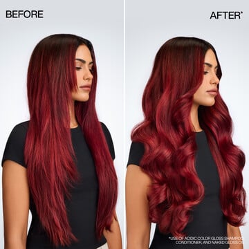 Before & after use of Redken Naked Gloss Lightweight Hair Shine Oil. Dry, straight red hair transformed into shiny, voluminous curls.