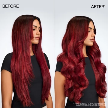 Before & after use of Redken Acidic Color Gloss Shampoo, Conditioner & Naked Gloss Shine Oil. Dry, straight red hair transformed into shiny, voluminous curls. 