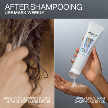 A woman with long, highlighted hair is applying a hair mask to her hair. The mask is a white cream and she is applying it to the mid-lengths and ends of her hair. She is leaving it on for 5 minutes and then rinsing it out.