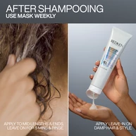 A woman with long, highlighted hair is applying a hair mask to her hair. The mask is a white cream and she is applying it to the mid-lengths and ends of her hair. She is leaving it on for 5 minutes and then rinsing it out.