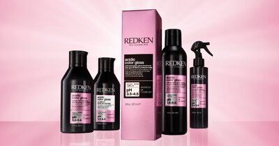 Redken Acidic Color Gloss. A line of hair care products including shampoo, conditioner, and leave-in conditioner.