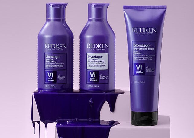 Redken Blondage purple shampoo, conditioner and hair mask treatment for brassy blonde hair