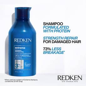 Redken Extreme shampoo for damaged hair bottle image with text containing a list of hair benefits including shampoo formulated with protein, strengthening damaged hair and having 73% less breakage results.