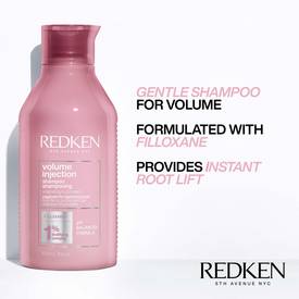 Redken Volume Injection shampoo for fine or thinning hair bottle image with text containing a list of hair benefits including gentle shampoo, formulated with filloxane, providing instant root lift for more voluminous and healthy hair results.
