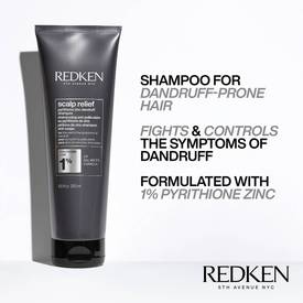 Redken Frizz Dismiss shampoo for frizzy hair bottle image with text containing a list of hair benefits including sulfate-free shampoo for frizzy hair, weightless frizz control, and all day humidity protection for healthier hair results.