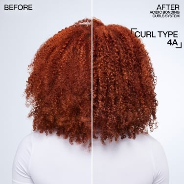 Before and after image of a Redken model with 4A curls. The before image shows her hair dry and frizzy, while the after image shows her hair moisturized and defined