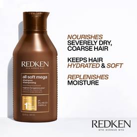 Redken All Soft Mega Curl shampoo bottle image with text containing a list of hair benefits including nourishes severely dry, coarse hair types, keeps dry hair hydrates and replenishes moisture for healthier hair results.