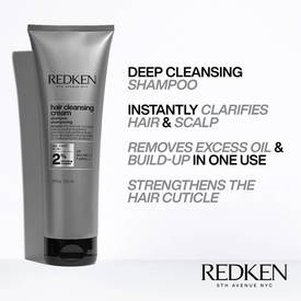 Redken Hair Cleansing Cream shampoo bottle image with text containing a list of hair benefits including deep cleansing shampoo, instantly clarifies hair and scalp, removes excess oil and buildup in one use, and strengthens the hair cuticle for healthier hair results.