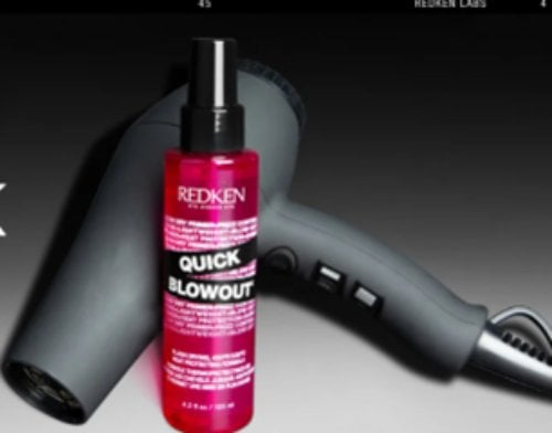 Redken Quick Blowout Heat Protectant and Black Blow Drier: Using a heat protectant is essential for healthy hair.