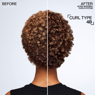 On the left, a Redken model with 4a curl type hair that is frizzy and undefined. On the right, the same woman with her hair styled with Acidic Bonding Curl hydrating curl cream, sculpting curl gel, and refreshing curl mist. Her hair is now defined, moisturized, and frizz-free.