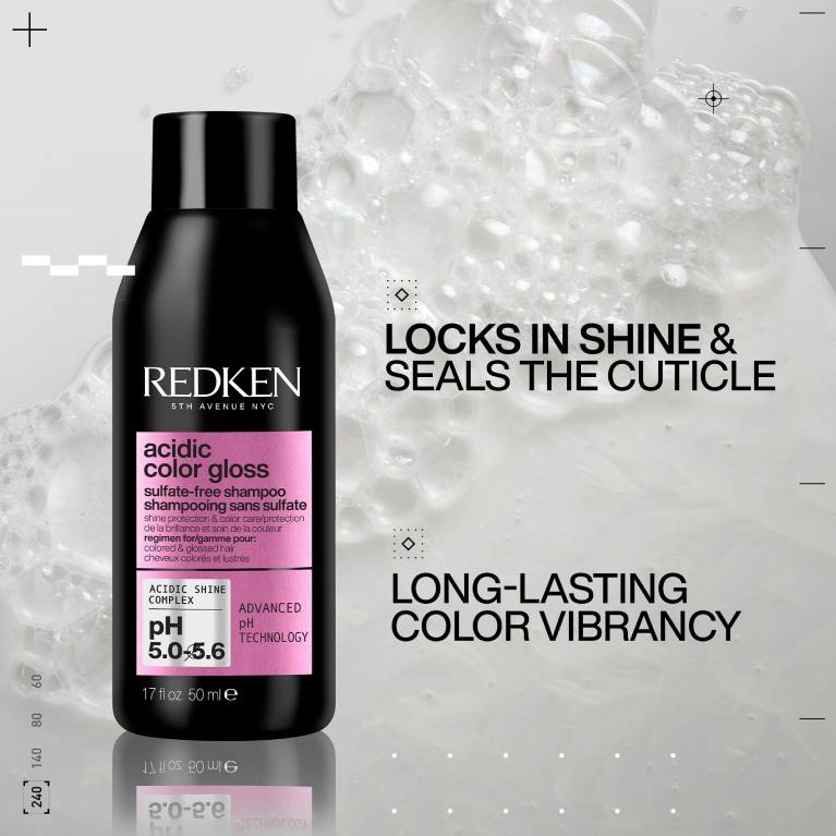 Redken best-selling Acidic Color Gloss Shampoo for glassy and shiny hair bottle image with text containing a list of hair benefits including locks in shine, seals the cuticle, long-lasting color-vibrancy for healthy and shiny hair results.