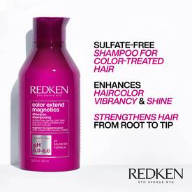 Redken Color Extend Magnetics Sulfate Free Shampoo for color-treated hair bottle image with text containing a list of hair benefits including enhancing hair color vibrancy, enhanced hair shine, and hair strengthening results.