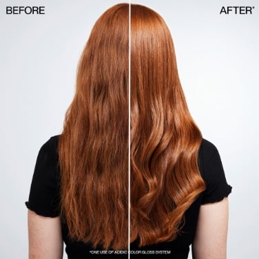A split image of a woman's hair before and after using the product. The before image shows her hair as dull and brassy, while the after image shows her hair as vibrant and shiny.