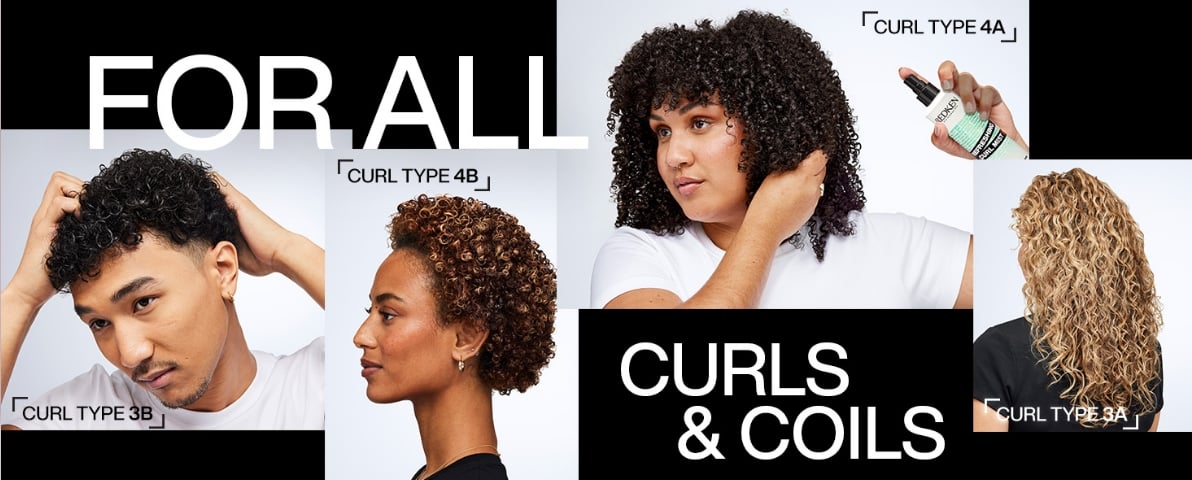 A group of diverse models with different curl types showcasing Redken's Acidic Bonding Curls hair care products for curly hair.