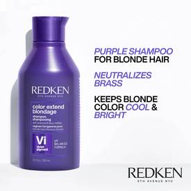 Redken best-selling Color Extend Blondage purple shampoo bottle image with text containing a list of hair benefits including neutralizing brassy hair, keeping color cool and bright as a result.