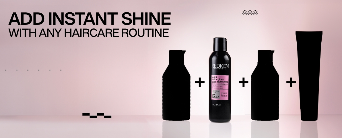 The image shows three Acidic Color Gloss hair care products on a pink background. The text on the image reads: Add instant shine with any haircare routine.