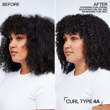 On the left, a Redken model with 4a curl type hair that is frizzy and undefined. On the right, the same woman with her hair styled with Acidic Bonding Curl hydrating curl cream, sculpting curl gel, and refreshing curl mist. Her hair is now defined, moisturized, and frizz-free.