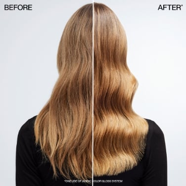 Before and after image of a woman's hair. The before image shows her hair is dry and damaged, while the after image shows her hair is shiny and healthy.